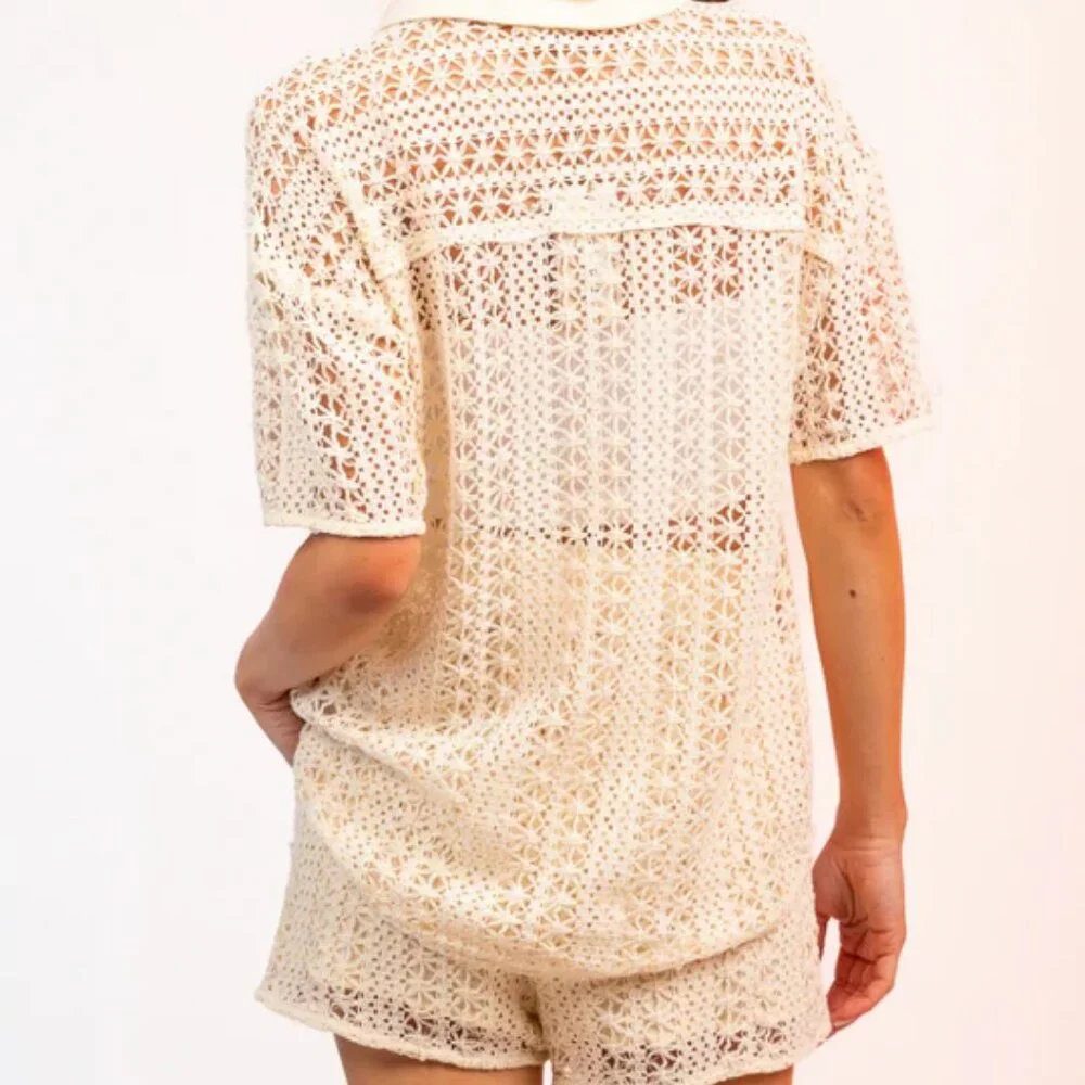 Women Benaar LA Jeiley Cream 2Pc Set Crochet Gauzy Contrast Collared Top Short M - Picture 3 of 13